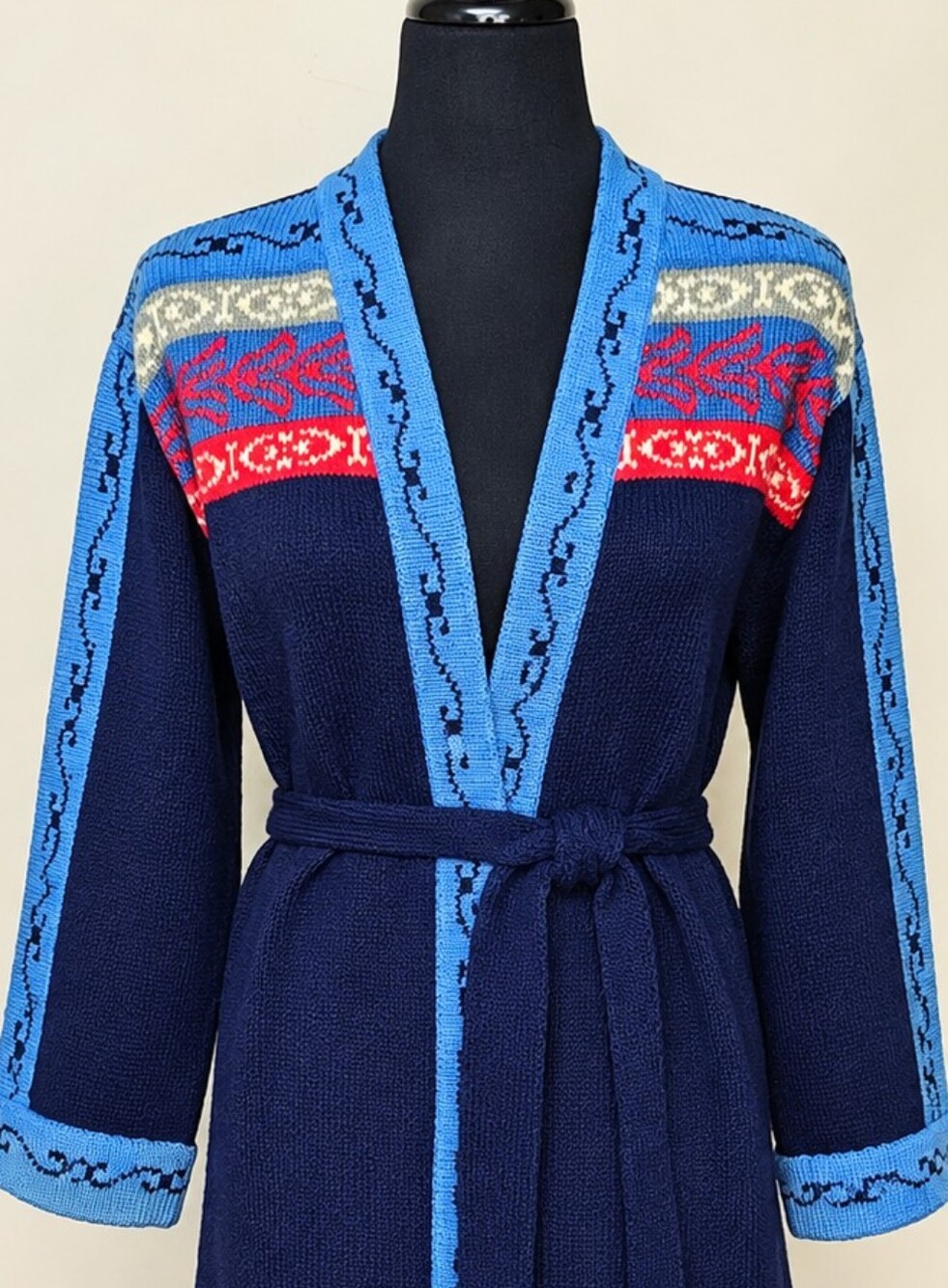 Helen Sue largeNavy Blue Belted Cardigan with Bright Trim and Patterned Yoke